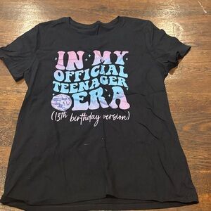 Amazon Black Tee with Blue and Pink Graphic